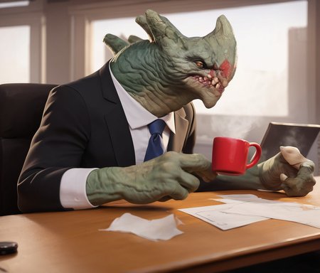 zPDXL2,  quarter side view , rating_safe, score_9 , score_8_up, score_7_up, 4k, 2d , source_cartoon , ,highres, absurdres, portait, BREAK
paraggrux, grux sitting in an office chair holding a bunch of papers at a desk with a coffee mug , wearing glasses on face and a ripped black suit , office background,  bored expression , torn_clothes ,one horn on head, grey skin, teeth, spikey spine, alien, monster , bandage wrapped arms, bandage wrap legs, <lora:Grux_-_Paragon:1> <lora:Pony_DetailV1.0:0.6>