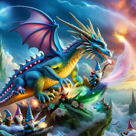 Fujifilm quality photograph (best quality)++, (masterpiece)++, (detailed)+, elf on the shelf fighting a Dragon, (fantasy illustration)1.3, enchanting Dragon battle elf on the shelf, mystical battle, (many gnomes battling)1.4 (whimsical charm).4 Otherworldly charm, mystical sky, (Luis Royo)1.2, (Yoshitaka Amano)1.1, moonlit night, soft colors, (detailed cloudscape)1.3, (high-resolution)1.2 (gnomes  battling everywhere)1.2 , <lora:DonM3t3rn1tyXL-v1.1:0.8> DonM3t3rn1tyXL <lora:DonMD1g174l4sc3nc10nXL:0.8> DonMD1g174l4sc3nc10nXL  <lora:Dragons:0.8> dragon  <lora:EnvyMagicalXL01:0.8> magical <lora:FantasyLandscape:0.8> FanLan