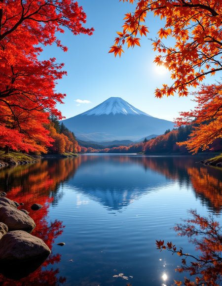 A vibrant autumn landscape featuring a tranquil lake reflecting the majestic Mount Fuji. The foreground is adorned with fiery red and orange maple trees, their leaves creating a stunning contrast against the clear blue sky. Sunlight bathes the scene, casting warm, golden hues that enhance the rich colors of the foliage. The composition leads the viewer's eye towards the snow-capped peak, framed perfectly by the foliage. Soft ripples on the water add dynamism, while distant mountains provide depth. This serene setting evokes a sense of peace and harmony, typical of traditional Japanese aesthetics. <lora:aidmaFLUXPro1.1-FLUX-v0.3:1>