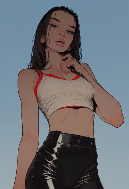 score_9, score_8_up, score_7_up, sinozick style , flat color, erotic theme, bright colors,  source_comic, pinup girl pose, Expressive, shiny black leather pants, white tank top, red bra,  posing for erotic photoshoot, dynamic sexy pose,
BREAK 
dramatic angle, unique perspective, unique angle,