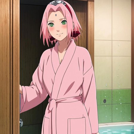 A hot sexy and naughty picture of Sakura Haruno taking a bath wearing a pink bathrobe ; sexy beautiful body ; standing full-body view ; naughty teasing smile ; forehead mark and green eyes