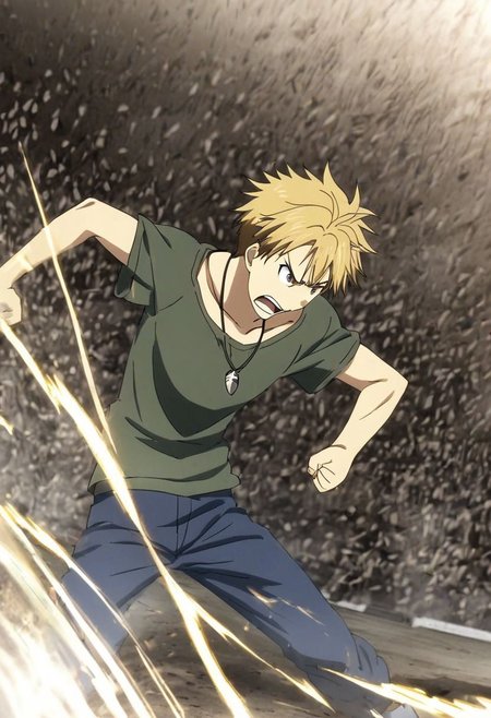 high resolution, solo, best quality, 1Boy, Yamato Ishida, Blond Hair, Necklace, anger, fight, OverallDetail