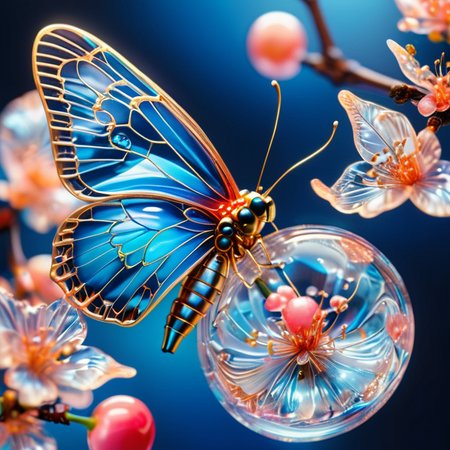 close up shot from the side, 85mm lens, a beautiful intricate mechanical clockwork butterfly, it should have bright beautiful vibrant colors,  it is standing on a branch of a cherry tree next to it is a blossoming cherry bud. avoid multiple butterfly's, deep blue background <lora:SDXLFaeTastic2400:1> <lora:lora:1>