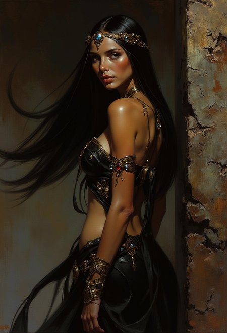 Frank Frazetta fantasy dark fantasy oil painting of  a beautiful Middle Eastern Iranian woman, she has light brown skin and flowing straight black hair.