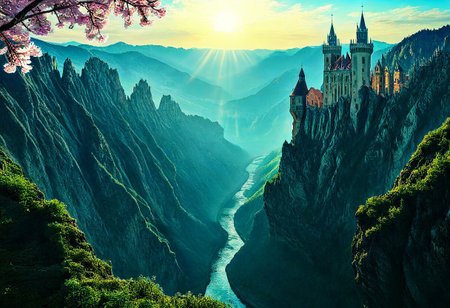 towers ringed in mist, sunrays, mixed media, flux-style, surrealism, fantasy, great lighting, A surreal landscape highly detailed, extremely high-resolution details, appears trapped in an optical illusion of reflections and refractions, colorful, Spring, cherry blossoms in the wind, sweeping vistas, majesty, spring blooms, (Zhangjiajie mountains:1.5),  (((Paris in contemporary France, baroque architecture, European architecture, German Renaissance towers))), (stone arch bridges:1.05), winding rivers extending to the horizon, professional photography, natural lighting, volumetric lighting maximalist. vivid, vibrant colors, intricately detailed, (psychedelic colors, psychedelic colors:1.15), complex, elegant, expansive, fantastical, film photography style, medium grain, cmnt
 (8k uhd:1,4)
 <lora:add-detail-xl:1>
 <lora:Dynamic Poses:1>