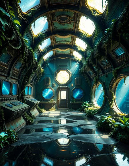 The interior of an ancient abandoned spaceship, overtaken by lush vegetation. The walls and ceiling are covered in thick, twisting vines and moss. Strange alien plants glow faintly in shades of blue and green, casting an eerie, mystical light across the metallic surfaces. Rusted control panels and shattered glass windows hint at a long-forgotten past. The floor is cracked and partially flooded with still, reflective water. Patches of bioluminescent fungi cling to the corners, adding a surreal atmosphere. The air feels heavy with moisture, and beams of soft, diffused light filter through holes in the hull, creating dramatic shafts of light and shadow. The overall style is hyper-realistic, rich in textures, with a cinematic and slightly melancholic mood.<lora:SDXLFaeTastic2400:0.4> <lora:extremely_detailed:0.4> extremely detailed,<lora:ancient_abandoned_sp4c3sh1p:1>,ancient abandoned sp4c3sh1p, Masterpiece,best quality,hi res,8k,hi res,8k,award winning,(sharp focus, intricate, highly detailed),