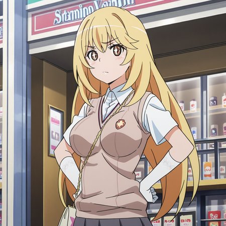 nsfw, masterpiece, best quality, amazing quality,1girl, solo, index_railgun_shokuhou_misaki, symbol-shaped pupils, + +, tokiwadai school uniform, blonde hair, sweater vest, long hair, brown sweater vest, white gloves, hands on hips, brown eyes, large breasts, elbow gloves, short sleeves, white shirt, v-neck, closed mouth, handbag, bangs, looking at viewer, indoor, shop, <lora:Shokuhou_Misaki_-_Index_Railgun:0.7>