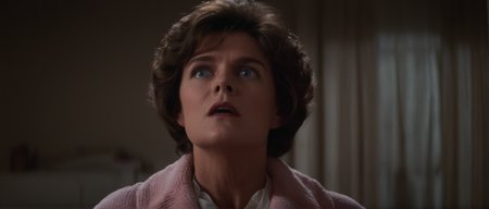 cinematic film still of  <lora:Fright Night 1985 style v2:1>
In the 1980's Judy Dorothy Fielding,mom,housewife,milf,mature,48yo a woman in a pink robe is staring up,1girl,solo,short hair,open mouth,blue eyes,brown hair,upper body,parted lips,teeth,indoors,blurry,lips,blurry background,portrait,realistic , horror themed, dark themed, low key light, dramatic light, dramatic shadow light, contrast, cinematic color, cinematic look, filmic, realistic, realism, perfection, perfect, Kodak, Kodak film, movie still, Fright Night 1985 style, Fright Night Film style, shallow depth of field, vignette, highly detailed, high budget, bokeh, cinemascope, moody, epic, gorgeous, film grain, grainy