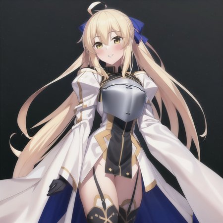 <lora:castoria:0.75>, 1girl, parted lips, highly detailed, intricate, white background, masterpiece, best quality, wallpaper, hdr, high definition, ahoge, blonde_hair, long_hair, smile, standing, yellow_eyes, solo focus, blue_ribbon, breastplate, ribbon, thighhighs, castoria