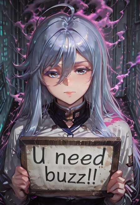 artist:moriimee,,colorful smoke, masterpiece, best quality, 1girl,solo ,closed mouth,need_buzz, holding sign,vladilenamilize, very long hair, grey eyes, hair between eyes, bangs, grey hair, ahoge, white eyelashes,colored eyelashes, large breasts,