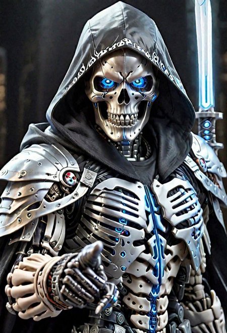 close up, Cyborg Assasin, black Hooded cape, (metalic hand), (Pointing Finger At Viewer)