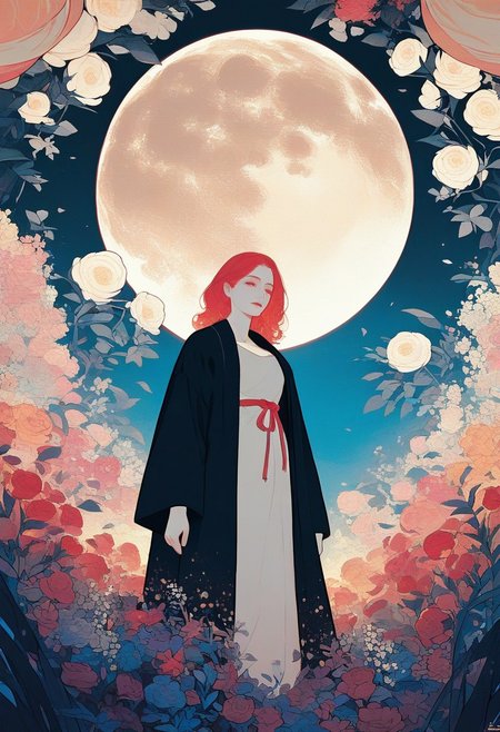 zPDXL3, 1woman, robe, moon, flowers, white skin, highly detailed,   high resolution, best quality, sharp quality,  clear quality, High-definition, smooth image, bright colors, vibrant colors, colorful, clean lines,
