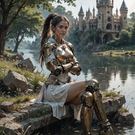 Stable_Yogis_PDXL_Positives,
1girl, sitting, crossed legs, crossed arms,  (looking at viewer:1.1), light smile,
armor, pauldrons, greaves, gloves, high heel boots,, skirt, ornate, fantasy,
long ponytail, reelmech, mechanical arms, mechanical legs,  spine, wire,
outdoors, light particles, castle, lake, grass, stone, trees, dramatic shadows, volumetric lighting, reflections, cinematic
<lora:Fant5yP0ny:0.5>
<lora:Reelmech_pony_ed_v1_3:0.6>
<lora:Fantasy Armor Esteemed Eclipse pony:0.75> 
<lora:Round_Breasts_XL_XV7-000038:1>