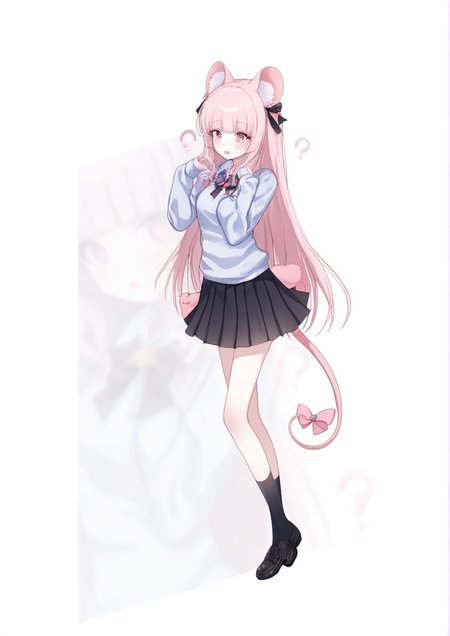 1girl, by kodoto, ?, animal ears, black skirt, black socks, blunt bangs, bow, confused, loafers, long hair, long sleeves, mini person, minigirl, miniskirt, mouse, mouse (computer), mouse ears, mouse tail, mousepad (object), pale skin, personification, pink eyes, pleated skirt, pun, ribbon, shoes, skirt, solo, straight hair, sweater, tail, tail bow, tail ornament,  <lora:Factory_å·¥å ´picter12:1>
