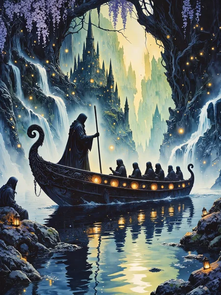 famous artwork, a masterful watercolor and ink painting on traditional washi paper, rule of thirds composition, ancient greek mythology, a hauntingly beautiful scene unfolds as the dark robed charon, the solemn, towering ferryman of the underworld, guides his ancient black boat across the spectral, mist-laden waters of the river styx in the underworld of greek mythology, the vast, otherworldly river stretches into the distance, its surface reflecting the eerie glow of small, ghostly lanterns that line the boatâs edges, soft ripples distort the reflection of their flickering light on the water's surface, charon stands at the helm of his ferry, his skeletal hand gripping a long oar, guiding his vessel through the mystical gloom. the boat itself is decorated with masterfully crafted, intricate carvings, charon's face is obscured by shadows of his hood, his presence exudes an ancient, quiet authority. the river is ink-black. ethereal will-o-wisps flicker in the mist, their golden glow illuminating the rock formations that rise from the riverbanks like the remnants of forgotten tombs. some shadowy translucent souls in the boat sit in quiet contemplation, others gaze toward the distant shore, where the underworldâs dark spires loom, jagged rock formations pierce through the fog, their twisted, unnatural shapes softened by the luminous glow of will-o-wisps that hover along the shore of the river. above, a hauntingly beautiful twilight sky shifts between deep indigo and an ethereal teal, scattered with translucent spirits. wisteria vines hang like cascading curtains from ancient, black trees, their luminescent violet blossoms adding a touch of delicate sorrow to the scene, the entire composition is drenched in a melancholic, atmospheric beauty, a balance between sorrow and wonder, emphasizing the interplay of glowing light and deep shadow, the ethereal mist wafting over the water, and the translucent lost souls, all captured with masterful brushstrokes. deep blues, purples, greens, and spectral golds create a dreamlike, melancholic atmosphere. detailed hoods and robes, detailed ornate carvings on the boat, accurate reflections, ovg, studio ghibli dark fairytale, <lora:style-dark_ghibli-flux-by_arsmachina:0.64> <lora:image_enhancer-flux-by_dever:0.72>