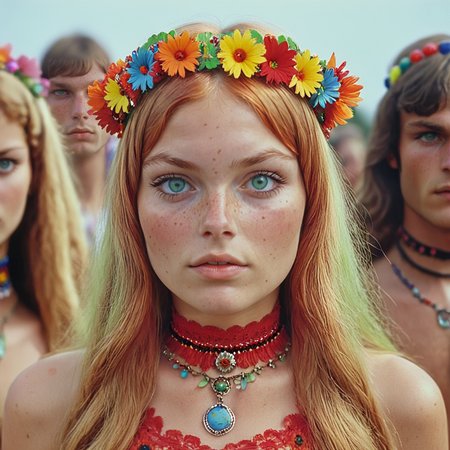 <lora:60sPsychedelicMovie2SDXL:1> ArsMovieStill, movie still from a 60s psychedelic movie, The image is a portrait of a young woman with long blonde hair and a flower crown on her head. She is wearing a red choker necklace with colorful beads and a red lace top. Her hair is styled in loose waves and she has a serious expression on her face. In the background there are other women with red hair and colorful headbands who appear to be at a festival or outdoor event. The sky is blue and the overall mood of the image is bright and cheerful., freckles, blurry, green eyes, jewelry, flower, long hair, blurry background, solo focus, necklace, blonde hair