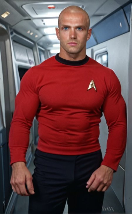 1boy, 20 year old male, Handsome, masculine, blonde, star trek, red shirt, muscle,  tall, tight shirt, wide pectorals, big shoulders, wide shoulders, muscular neck, German, standing at attention, bald, big pale blue eyes, abs, biceps, serious facial expression, phaser, hand,

stunf, star trek uniform, uss enterprise ncc-1701 interior background, star trek, space ship interior, 1960s TV,