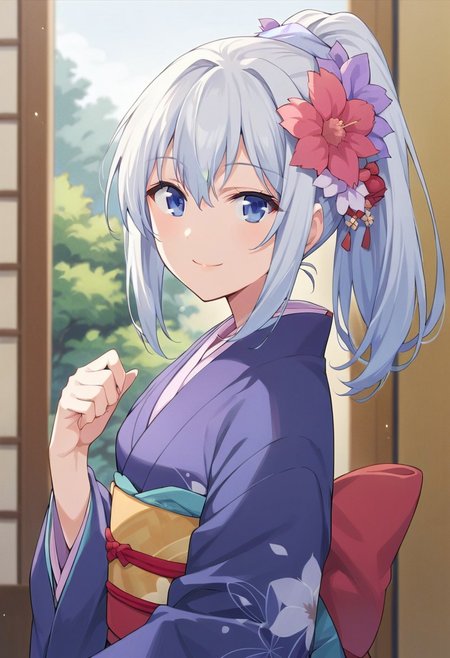 score_9, score_8_up, score_7_up, source_anime,masuzu natsukawa, 1girl, solo, long hair, blue eyes, hair ornament, ponytail, flower, japanese clothes, smile, hair flower,  kimono
