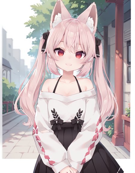 score_9, score_8_up, score_7_up,source_anime,1girl  <lora:Karin_Pony_V1:0.9>,solo,(vrchat karin),red eyes,pink hair,smile, upper body,white puffy long sleeves,off shoulder,black bow, pink bow,black skirt,black socks,white footwear, <lora:age_slider_v4:0>