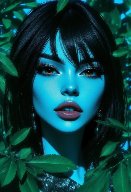 portrait blue drop stone texture,water drop theme with leaves,digital diffused blend art of mosiac of abstractsin one , portrait, dense leaves pattern, hiding and blending, green background, 90's photo,retro grainy