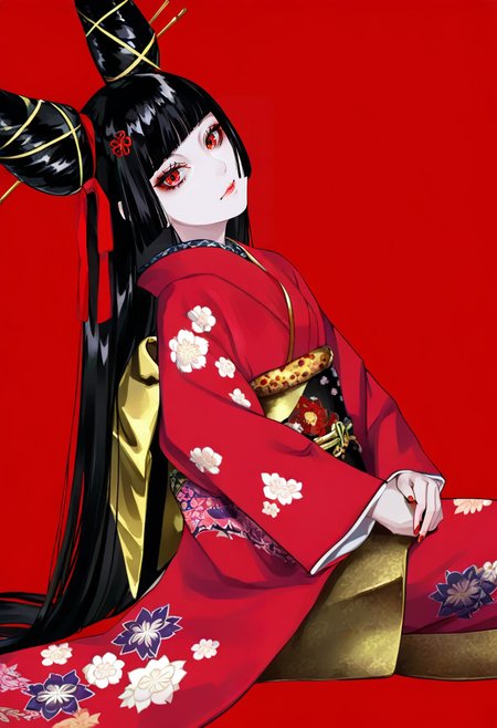 1girl, long hair, black hair, solo, japanese clothes, kimono, red background, blunt bangs, bangs, red kimono, red eyes, looking at viewer, hair ornament, floral print, sitting, makeup, simple background, long sleeves, closed mouth, red nails, very long hair, wide sleeves, hime cut, print kimono, hair ribbon, nail polish, ribbon, cone hair bun <lora:LAMXL_NBVP1_lokr_V6311PZ:0.95>
