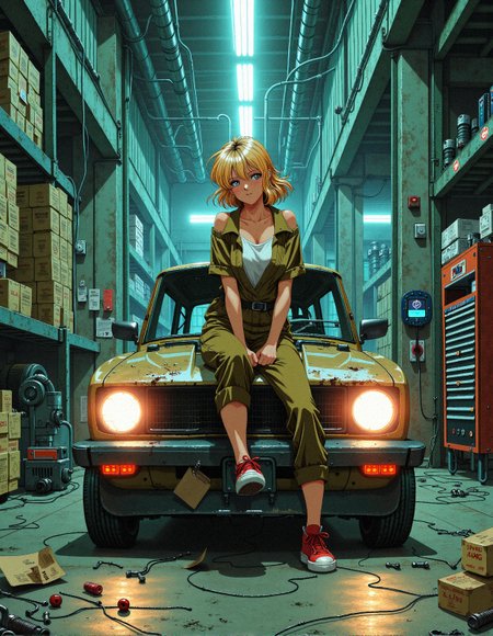 modernretroanime
A breathtaking anime-style illustration featuring a young, weary mechanic girl sitting atop the hood of an old, partially disassembled car, surrounded by the intricate chaos of a sprawling, dystopian auto workshop. Her delicate blonde hair is slightly windswept, framing her thoughtful expression as she idly kicks her legs over the edge, lost in contemplation. She wears a faded olive-green mechanic's uniform, the sleeves pushed up to her elbows, revealing toned arms lightly smudged with grease. A loose-fitting white tank top peeks out from beneath the unbuttoned jumpsuit, and her red sneakers, scuffed and well-worn, rest atop a mess of exposed cables and rusted metal plates. The garage is a labyrinth of machinery, tangled wires, and blinking control panels, every object meticulously detailed with signs of age and wear. Flickering neon lights cast a deep cyan glow over the environment, reflecting off oil-stained concrete floors covered in bolts, diagnostic screens, and mechanical blueprints strewn about haphazardly. The surrounding walls, lined with storage racks stacked high with dusty spare parts, display pinned schematics and old technical manuals, some of which bear cryptic, faded text and red ink annotations. Above, thick industrial pipes and a tangled web of electrical conduits stretch across the steel-plated ceiling, humming faintly as they distribute energy to the flickering lights. The atmosphere is rich with storytelling, evoking a world where the past and future collide in a symphony of metal, grit, and quiet determination.
 <lora:FluxDFaeTasticDetails:0.3> <lora:Modern-Retro_Anime-FLUX:0.8>