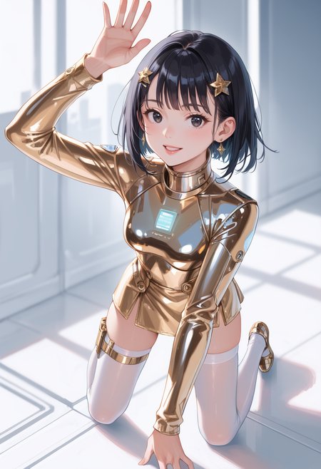 score_9, score_8_up, score_7_up, masterpiece, best quality, perfect anatomy, very aesthetic, ((outlined outlined vector graphics)),no norm, from above ,  looking at viewer 
, cute face, (glow eyes:0.8), looking at viewer, glittering, glimmering, gold theme,
1girl,20yo, black hair, black eyes, short bob hair, hair pin,small breast, slender,(white thigh strap:1.1), 
jewelry, earrings, parted lips,, long sleeve, science fiction , action pose ,(clothed:1.4) ,silver suit, (gold clothes:1.2),  body suit, metallic mercury suit, gold mercury suit, skirt <lora:mecury-metallic-suit-01:0.8>, see-through, transparent ,   all fours ,  , arm up , , smile beam,