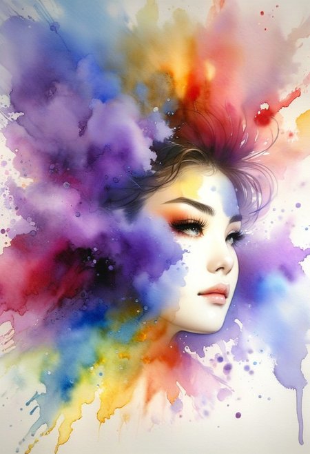 Full body, rear view, looking over shoulder,  full body photo of Tomie Kawakami, wearing a summery outfit, age 40yo, curvy, short messy hair, ((Red- pale Violet and pale Blue-vicid Violet and vivid Yellow- pale Orange color splashes background)), bursts of paint, long exposure, film grain, lively expression, (soulful eyes), (expressive eyes) (natural light, light particles)
