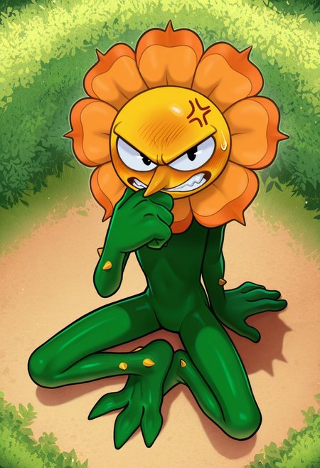 solo, male, plantform, plant boy, 1boy, CagneyCarnation, (orange petals:1.1), yellow face, pointy nose, pac-man eyes, detailed face, perfect eyes, black eyes, large head, round face, masterpiece, hires, absurdres, newest, perfect quality, best quality, ultra-detailed, detailed background, intricate details, 
frown, teeth, (embarrassed:1.2), blush, narrowed eyes, half-closed eyes, looking up at viewer, looking at viewer, angry eyebrows, blush, tsundere, cartoonish anthropomorphic flower, orange bloom, green body, plant-like design, leafy hands, leafy feet, feet resemble leafy vines, (yellow thorns, body thorns:1.2), green stem-like body, (slim, skinny:1.1), narrow hips, full body, sitting, on ground, slouching, arm at side, arm support, hand up, wiping mouth, no penis, cocked hip, sweatdrop, anger vein, 
BREAK 
outdoors, (garden:1.1), flower, bloom, dappled sunlight, high-angle view, from above, shadow, detailed shading, light particles, pollen,