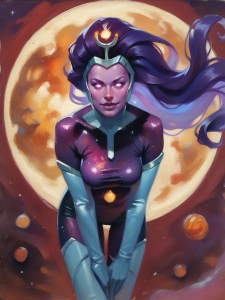 score_9, score_8_up, score_7_up, 1girl, naughty face, sexy pose, leaning forward, looking at viewer, space, dynamic pose, cowboy shot, own hands together,
 <lora:ASuperNova_character:0.8>, SuperXLP, colored skin, no pupils, purple hair, long hair, purple skin, bodysuit, elbow gloves, glowing, <lora:Eldritch Oil Style LoRA_Pony XL v6:0.7> oil painting, traditional media, realistic,,