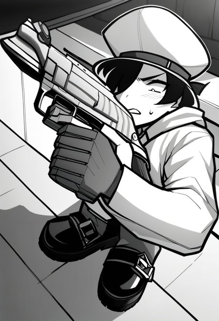 masterpiece, best quality, LITERALHAT'S MONOCHROME ART, 1girl, 1boy, hat, weapon, greyscale, boots, gun, handgun, revolver