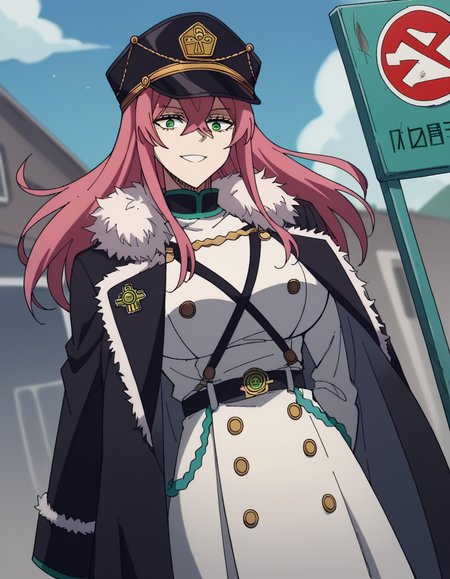score_9, score_8_up, score_7_up, source_anime, <lora:princia-funnybunny-movie-ponyxl-lora-nochekaiser_r1:1>, princia funnybunny, long hair, green eyes, pink hair, red hair, crossed bangs, sidelocks, hat, jacket, belt, uniform, fur trim, military, military uniform, peaked cap, large breasts,, bus stop, waiting, commuter, smartphone, checking time, cold morning, smile, v, v over eyes,, looking at viewer, solo,, dutch angle, cowboy shot