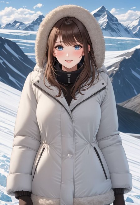 ((((white Oversized shearling down jacket)))), ((((white Oversized shearling puffer jacket)))), ((((white Oversized shearling winter clothes)))), ((((very very cold, in cold)))), ((((semi-realistic)))), ((((puffer hood)))), ((medium knee office skirt, pantyhose)), ((((cowboy shot)))), ((sharp eyelid, eyeliner, eyelashes, beautiful detailed eyes, tsurime, long messy brown hair, blue eyes, perfect anatomy)), smile, walking, icefield, dynamic pose, ((((masterpiece)))), ((((best quality)))), ((intricate details)), RAW, 8K UHD, (1girl), office lady, detailed face, beautiful face, charming, bonny, (((blush))), (((heavy breathing))), (((feels orgasm))), wind, (Thick padded collar:1.4), (TSH:1.4), (Thick padded cuffs:1.4)