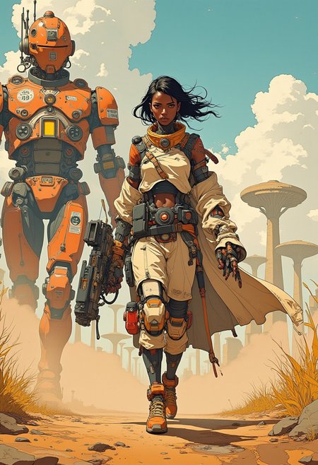 A young African woman in her shwe-swhe robe and armour walks towards the viewer, her large guard robot next to her, large baobab trees in the background, dynamic movement, intricate detail, tribal African elements, hints of gold and red, cyberpunk anime, cyberpunk, golden hour,