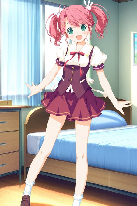 masterpiece,best quality,good quality,rating safe,memorialimouto,kogasaka chinami, 1girl, solo,pink hair, rabbit hair ornament, twintails, hair ornament, green eyes, school uniform,yellow hairclip, short hair,skirt,white socks,game cg,blush,bedroom,standing,looking at viewer, (^o^)／