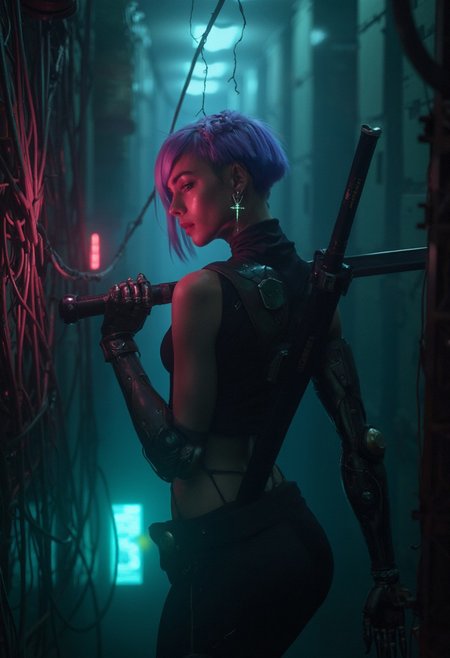 8k wallpaper of a cyborg woman with a short, purple haircut, including a small braid as part of her hairstyle, and a dangling earring in the shape of an inverted cross. She is making her way through a dark, narrow corridor, where thick cables are tangled and draped like jungle vines. Her is holding a glowing katana on its shoulder, Her cyborg cybernetic hand reaches through the cables toward the viewer, illuminated by a soft, neon light that casts shadows on her face and arm. The scene is styled with the dystopian, cyberpunk aesthetic of Blade Runner (1982) and Ghost in the Shell (1995), featuring a mix of gritty realism and futuristic elements. The atmosphere is heavy and tense, with a sense of mystery and technological decay, style of  Benedick Bana, messy, streaks, Maciej Kuciara, 8k photo, cinematic, highly detailed, perfect Composition, realistic photographic image, RAW photo highest quality, perfect directional lighting,
<lora:other/flux_realism_lora:1.0>