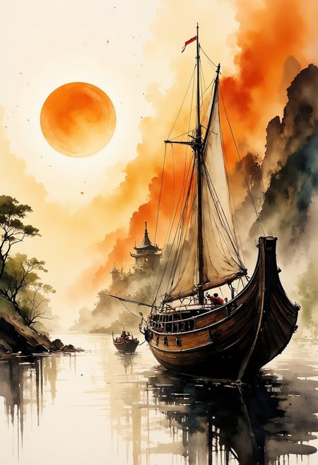 A dinkfsn style ink wash painting,  intricate linework with expressive contrasts, inksketch of a Chinese Junk sailing into a south-east asian medieval harbour, sunset