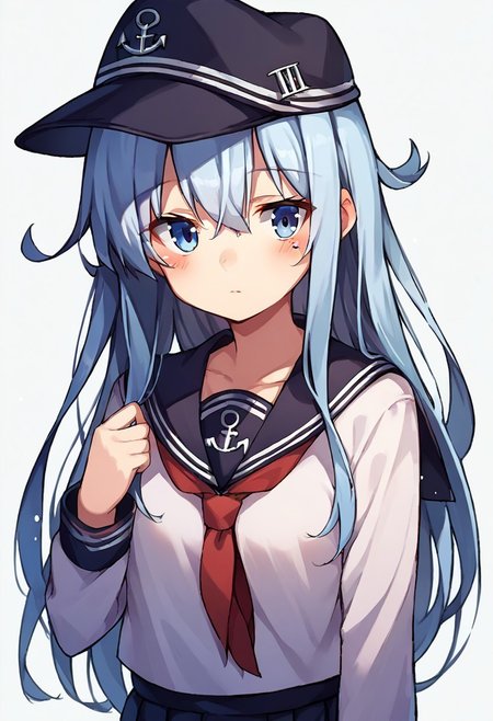score_9, score_8, score_7, source_anime, hibiki (kancolle), 1girl, solo, blush, looking at viewer, anchor symbol, school uniform, long sleeves, flat cap