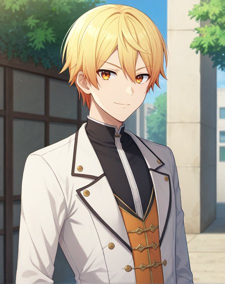 score_9, score_8_up, original style, depth of field, BREAK, rating_safe, 1boy, solo, male focus, cowboy shot, <lora:tenma_tsukasa_pony:1> tenma_tsukasa_pony, blonde hair, orange eyes, short hair, hair between eyes, bangs, skinny, outdoors, day, <lora:sdxl_lightning_8step_lora:1>  <lora:xl_more_art-full_v1:0.5>