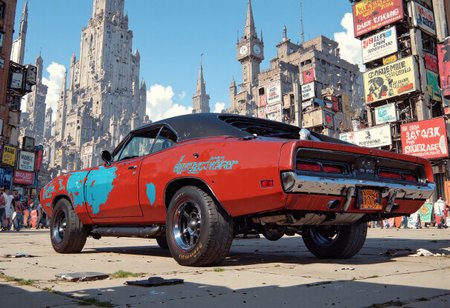 We see a parked cyberpunk styled 1970 Dodge Charger it is supercharged and has futuristic big wide wheels. In the distant we see a post apocalyptic ruined cyberpunk metropolis.