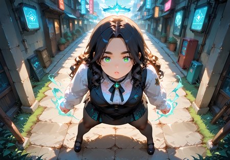 IllusP0s, PonyScores7, source_anime, ah1, IllustriousQual, interesting, exciting, spectacular, wonderful, 
BREAK <lora:xl_more_art-full_v1:0.2>, <lora:aesthetic_anime_v1s:0.2>, <lora:EpicF4nta5yXL:0.2>, <lora:detailxl:0.2>, detailxl, <lora:Fant5yP0ny:0.2>, amazing quality, best aesthetic, absurdres, illustration, Volumetric_Lighting, ultra-detailed, very aesthetic, intricate details, best_quality, <lora:Anime_Aesthetic_Wallpaper_StyleIllustriousXL:0.4>, aniwall,
BREAK ((Power Stance, Feet shoulder-width apart, fists clenched at the sides, chest forward, and head held high,)),
BREAK Stable_Yogis_PDXL_Positives, AS-Adult, <lora:Complicated fantasy portrait - XL Pony V2.0:0.2>, bad-hands-5, <lora:HDA_Detailer:0.3>, <lora:natsumi_style:0.5>, <lora:by_usakun-pony:0.4>, by usakun, <lora:Akina_Bbw_Style_-_PonyXL:0.2>, AkinBw, ((Unconventional Perspective shot)),
BREAK 1girl, mature female, (curvy), round-chin, caucasian, <lora:ETO_OC_Illustrius:0.5>, eto_oc, skindentation, (plump), thick thighs, wide hips, busty, voluptuous, <lora:venus body PonyXL:0.3>, <lora:shinyskin2:0.2>, glistening skin, HDA_FatGirlXL, 
BREAK ((<lora:Rainbow_Sherbet_Pony:0.8>, multicolored A high-collar lace blouse paired with a tiered cotton skirt and a velvet waistcoat, Add opaque nylon tights, platform Mary Janes, and a wide satin ribbon tied at the waist, Complete with a cameo brooch and a lace fan, rainbow sherbet style, rainbow colored)),
BREAK (curly hair), long hair, (black hair:1.4), (parted hair:1.7), messy hair, kinky curls, <lora:hairdetailpxl:0.2>, hairdetailpxl,
BREAK (half green and brown eyes), (colorful eyes), (multicolored eyes), (downturned eyes:1.4), <lora:expressive eyes:0.2>, expressive eyes, <lora:eyedetailpxl:0.2>, eyedetailpxl, <lora:Eyes_High_Definition:0.2>, EyesHD, (round face:1.2), (thick eyebrows:1.3), (plump face), <lora:Round_face:0.2>, lips, 
BREAK ((wide-eyed expression)), <lora:Expressive_H:0.2>, Expressiveh, <lora:Emotional_Anime_Expressions_PonyXL_Concept:0.2>, emotional, <lora:Best_Facial_Expression_LoRA_PONY:0.2>, looking at viewer, <lora:Detailed expressive EXEV style -XL Pony V1.0:0.2>, FaceDetail, <lora:Best_Facial_Expression_Helper_XTREME_ILLU:0.4>, kaogei,
BREAK (((neon_lights, mystical_devices, digital_symbols, holographic, glowing runes, energy generator, flying around))), <lora:Background Detailer - SDXL:0.8>, 4k, 8k, Ultra HD, Masterpiece, Best quality, Detailed background, <lora:Add_more_details_V2_XLpony:0.4>, full_details,