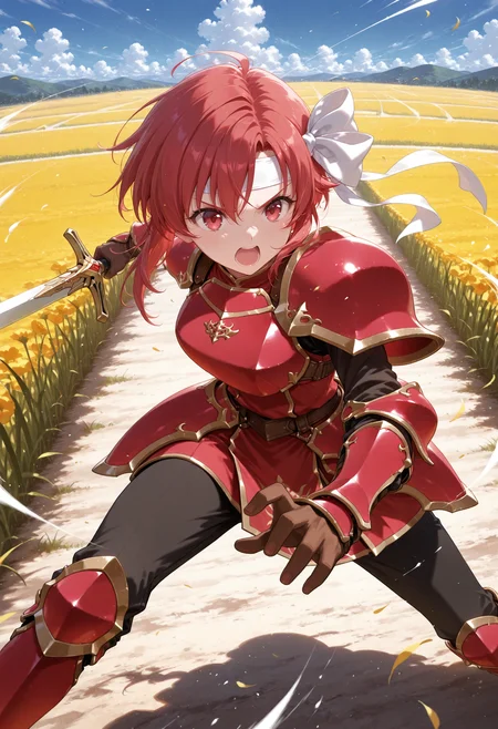 masterpiece,extreme detailed,day,outdoors,field BREAK cecil_(fe),1girl,solo,armor,gloves,short hair,headband,red hair,shoulder armor,short dress,dress,red eyes,pauldrons,red armor,armored boots,pants,<lora:cecil_(fe)-IL:1>,holding sword,fighting stance,incoming attack,open mouth,v-shaped eyebrows,