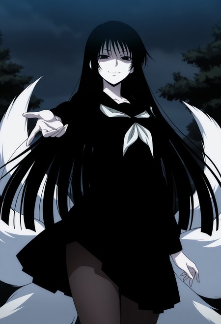 1girl,solo,mm,mature female,pale skin,black hair,long hair,black eyes,large breasts,anime coloring,
black serafuku,school uniform,pantyhose,fox tail,multiple tails,looking at viewer, outstretched arm, smile,outdoors
,masterpiece,best quality,amazing quality,<lora:Hagoromo_Gitsune-Nurarihyon_no_Mago_r2:0.8>