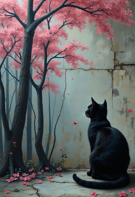 A cat painting sakura trees on a cracked concrete wall, each one toward a painted forest, cinematic romanticism, dark surrealism, gothic atmosphere, vintage fashion, haunting narrative, dreamlike environments, crumbling interiors, surreal symbolism, emotional tension, dramatic lighting, romantic noir, expressive textures, abandoned architecture, moody color palette, isolated figures, psychological ambiguity, mysterious elegance, painterly realism, narrative surrealism, melancholic stillness