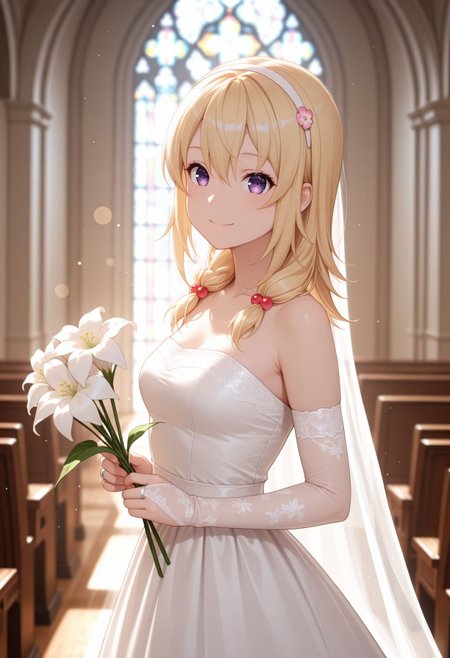 masterpiece,best quality,absurdres,highres,very aesthetic,high quality,detailed,insanely detailed,beautiful,perfect lighting, ,depth of field,blurry background,bokeh, looking at viewer, 
<lora:Reo Wakasa illu:1> 1girl, blonde hair, purple eyes, hair ornament, hairband, long hair, hair bobbles, 
dress, bridal gauntlets, strapless dress, wedding dress, white dress, simple background, indoor, church, holding flower, smile