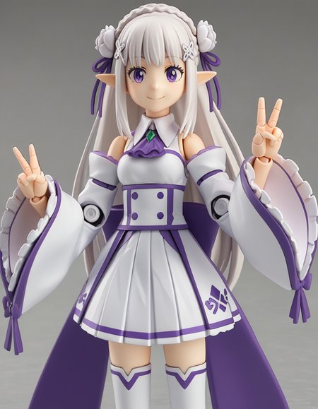 score_9, score_8_up, score_7_up, source_anime, <lora:rezero-emilia-s3-leak-ponyxl-lora-nochekaiser:0.5>, emilia, braid, crown braid, flower, hair flower, hair ornament, hair ribbon, long hair, pointy ears, purple eyes, white hair, x hair ornament, detached collar, detached sleeves, frilled sleeves, frills, long sleeves, miniskirt, pleated skirt, ribbon, skirt, thighhighs, white skirt, white sleeves, white thighhighs, wide sleeves, zettai ryouiki,
<lora:figma-figurines-ponyxl-lora-nochekaiser:1>, figma figurines, 1girl, solo, 3d, joints, doll joints, smile, v, cowboy shot,