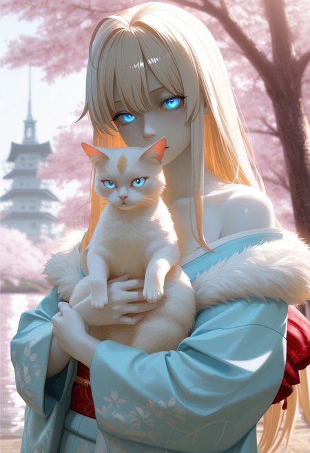 lazypos, perfect anatomy, absolutely eye-catching, ambient occlusion, amazing quality, best quality, very awa,
1girl, Yukinoshita Yukino, //(Orgegairu//) 24yo female, older female, mature female, solo, Blushing, long hair, white hair, colored skin, white skin, pale skin, looking at viewer, parted lips, blonde hair, blue eyes, glowing eyes, cute, kimono, off shoulder's kimono, light blue kimono, fur trimmed kimono, holding cat, white cat, Cherry blossom tree, tower, river,
 <lora:super_secret_lora_not_released:2> <lora:TrendCraft_The_Peoples_Style_Detailer-v2.3I-4_15_2025-Illustrious:0.4>