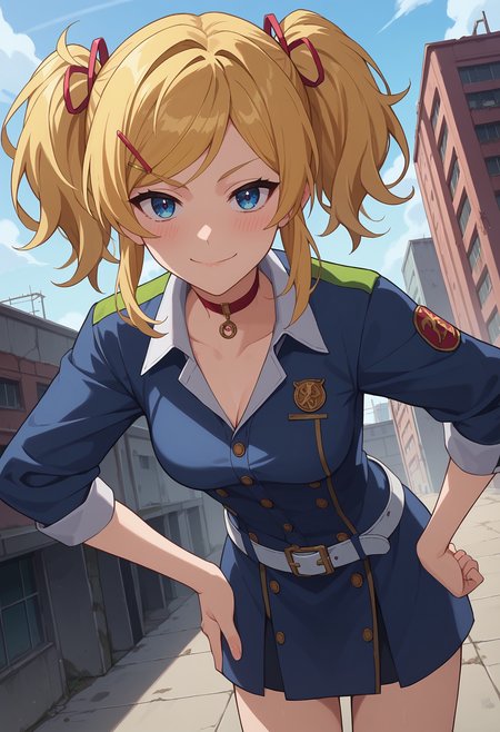 score_9, score_8_up, score_7_up, anime screencap, source_anime, 1girl, solo,
<lora:Rika_Inoue_Seraph_of_the_End_V1:.85>, KJOrika, blonde hair, twintails, blue eyes, swept bangs, hairclip, 
collared shirt, jacket, medium sleeves, choker, white belt,
smirk, blush, looking at viewer, leaning forward, peace sign, dutch angle, hand on own hip, 
abandoned building, ruined city, rooftop, outdoors,
(Beautiful, medium Breasts:1.2),
