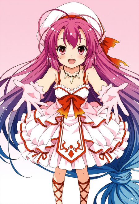 1girl, open mouth, pink hair, white gloves, gradient hair, multicolored hair, ankle lace-up, smile, dress, antenna hair, pink eyes, blue hair, purple hair, absurdly long hair, low-tied long hair, red chest bow, ankle lace-up, pink dress, white frills,sleeveless dress, tabard,   pink gloves, white beret, hair bow, torn bow, tooth necklace, outstretched hand, standing, 
,masterpiece,best quality,amazing quality,
<lora:NoobV065sHyperDmd:.5> <lora:saitohimea_meipaws:1>