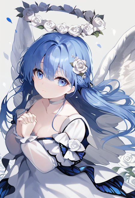 masterpiece, best quality,<lora:OH4XL_ANI31_lokr_V4312:0.95>1girl, solo, dress, own hands together, wings, blue eyes, long hair, white dress, flower, butterfly, blue hair, looking at viewer, bug, long sleeves, white flower, cleavage, breasts, choker, own hands clasped, angel wings, feathered wings, collarbone, hair flower, simple background, parted lips, hair between eyes, puffy sleeves, white wings, white background, hair ornament, floating hair, interlocked fingers, rose, white rose, white choker, halo, closed mouth, petals